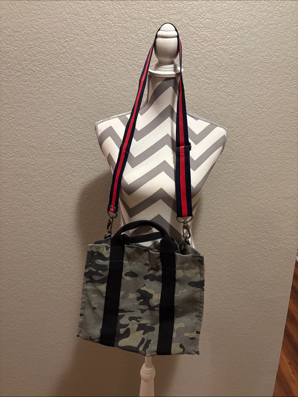 Camo Canvas Tote with Black Straps and Removable Red-Trim Shoulder Strap